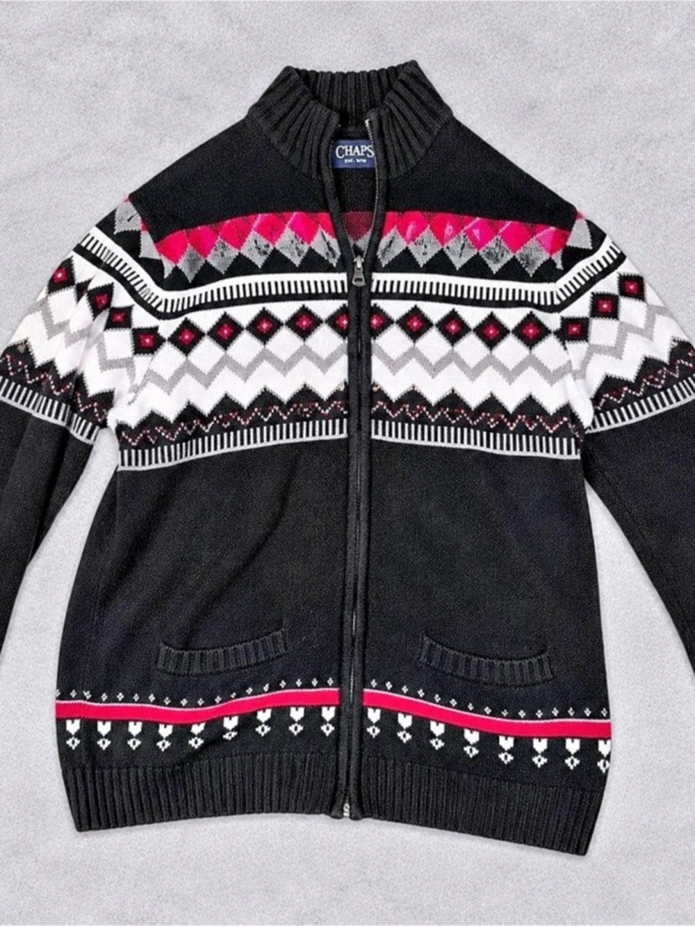 Chaps Fair Isle Full Zip Cardigan Sweater Black Red Nordic Men’s Medium
